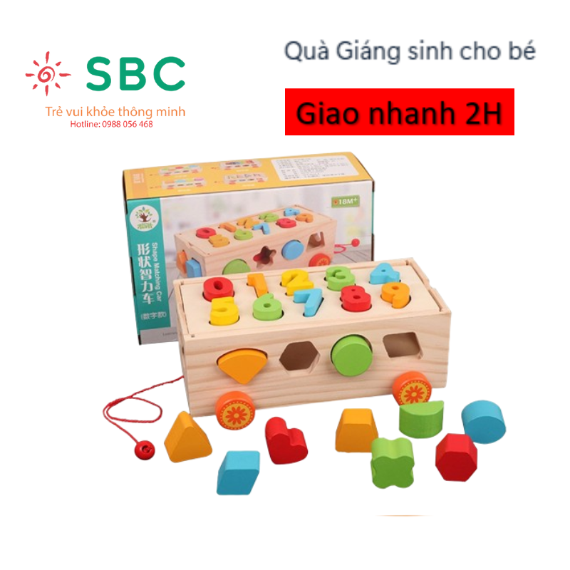 Đồ chơi gỗ thông minh xe kéo thả hình khối kết hợp số cho bé từ 1-3 tuổi