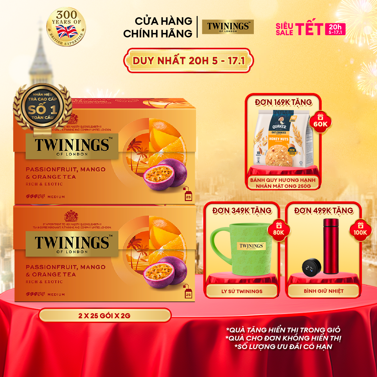 Combo 2 Trà Túi Lọc Chanh Dây Xoài Cam Twinings Passionfruit, Mango & Orange - Hộp 25 Gói 2G