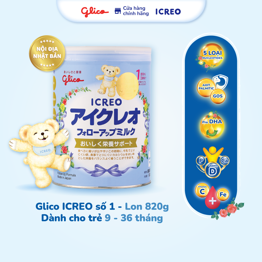(CHỈ 15-17/8 MUA LÀ CÓ QUÀ| DH TỪ 459K-SLCH) Sữa Glico Icreo Follow up Milk số 1 820g dành cho trẻ từ 9-36 tháng-100% nội địa Nhật Bản