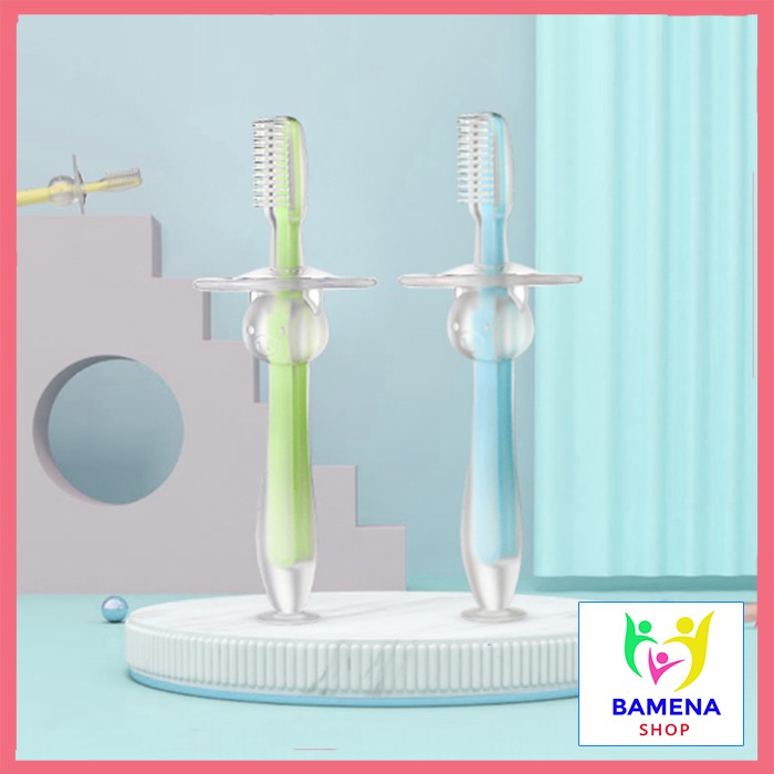 Bàn chải đánh răng cho bé silicon siêu mềm có đế hút chắc chắn AT11