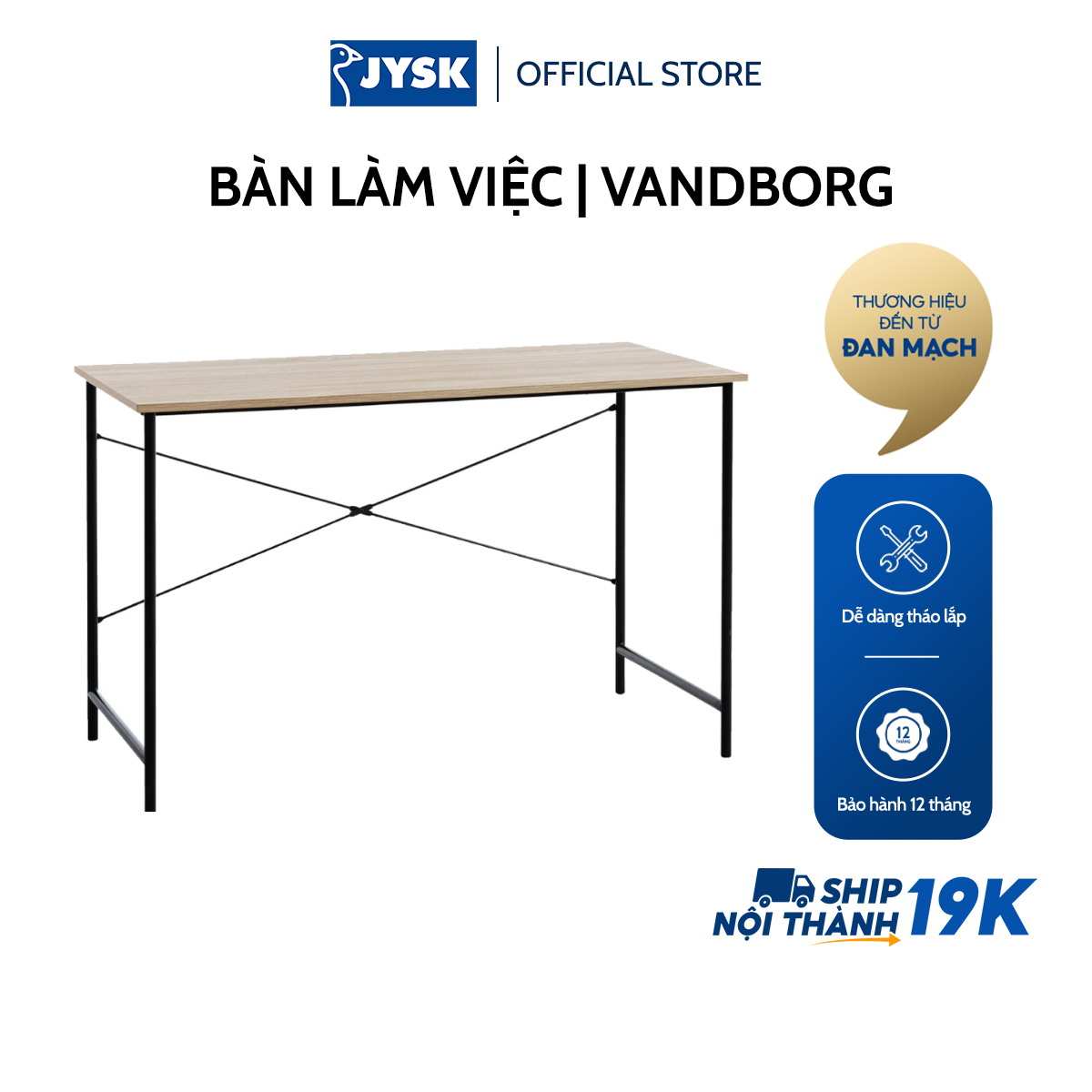 Sale: 15% – Bàn làm việc  JYSK Vandborg  gỗ công nghiệp khung kim loại xám/đen  120x75x60cm