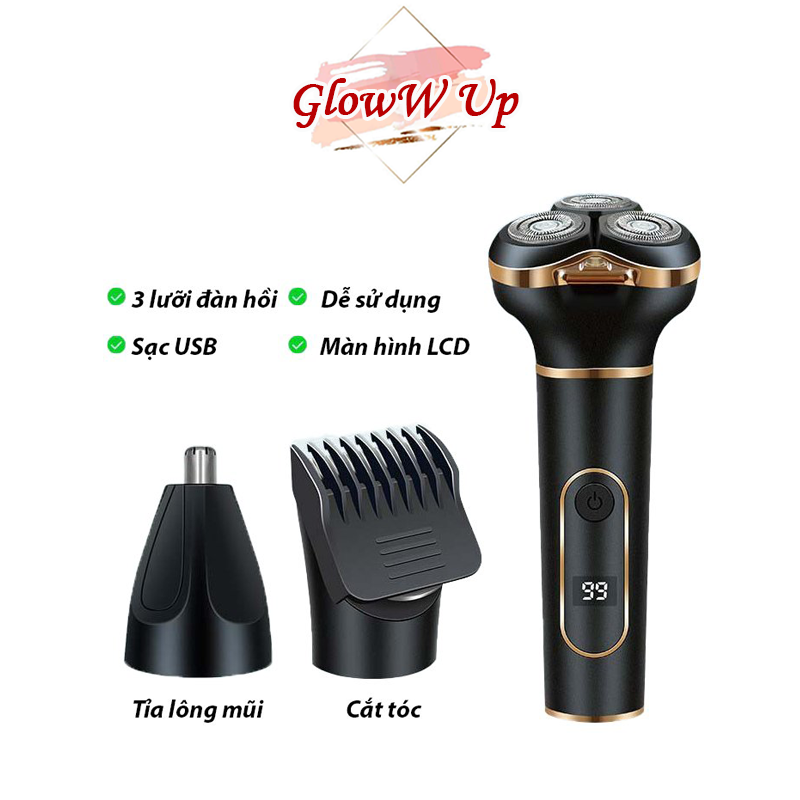Máy cạo râu đa năng 3 in 1 hàn quốc cao cấp tông đơ cắt tóc tỉa lông mũi cạo khô cạo ướt dao cạo râu điện cạo lông vùng kín chống nước ipx7 có thể thay lưỡi pin trâu - gloww up