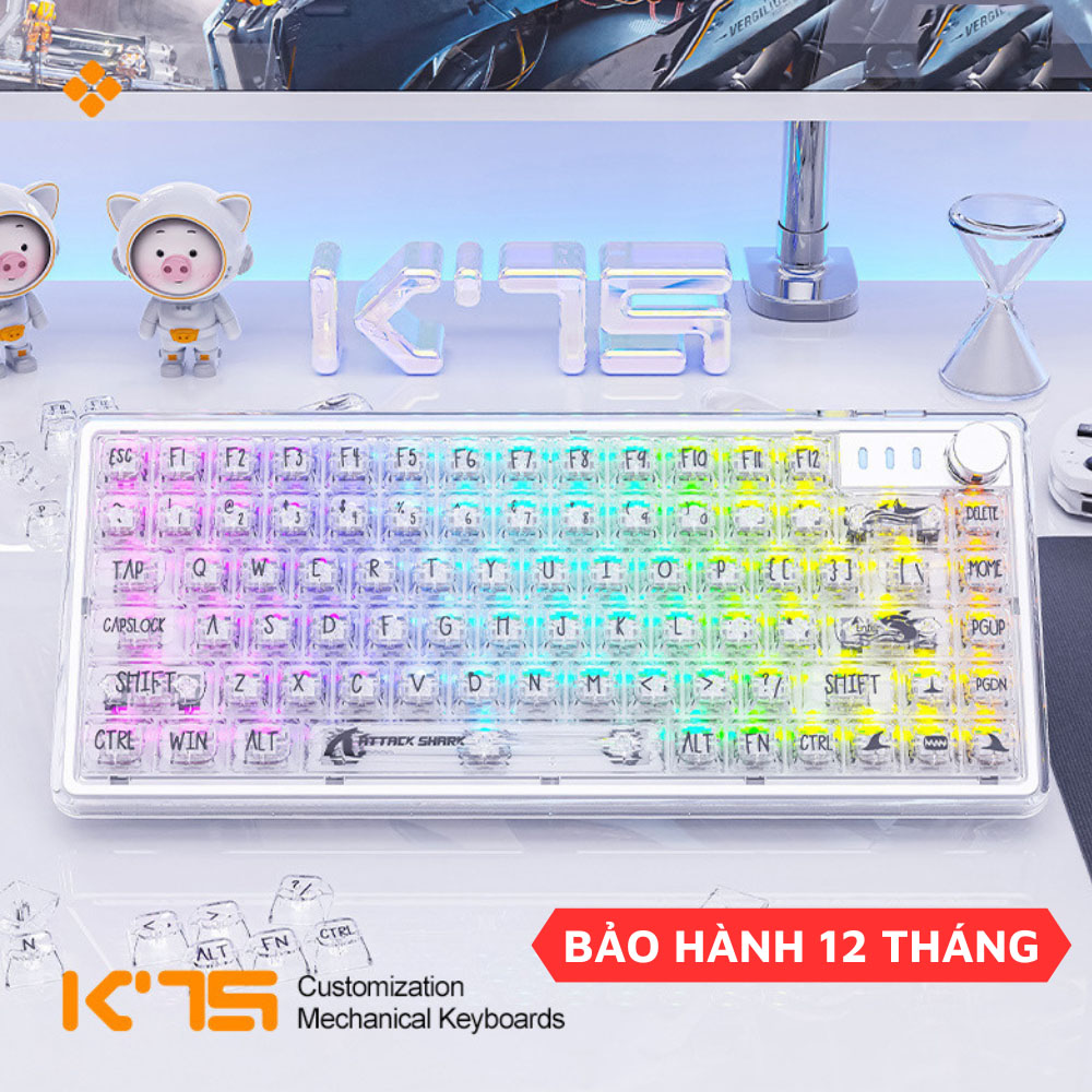 Bàn phím cơ gaming có dây trong suốt k75 pro esport trục cơ white switch cao cấp