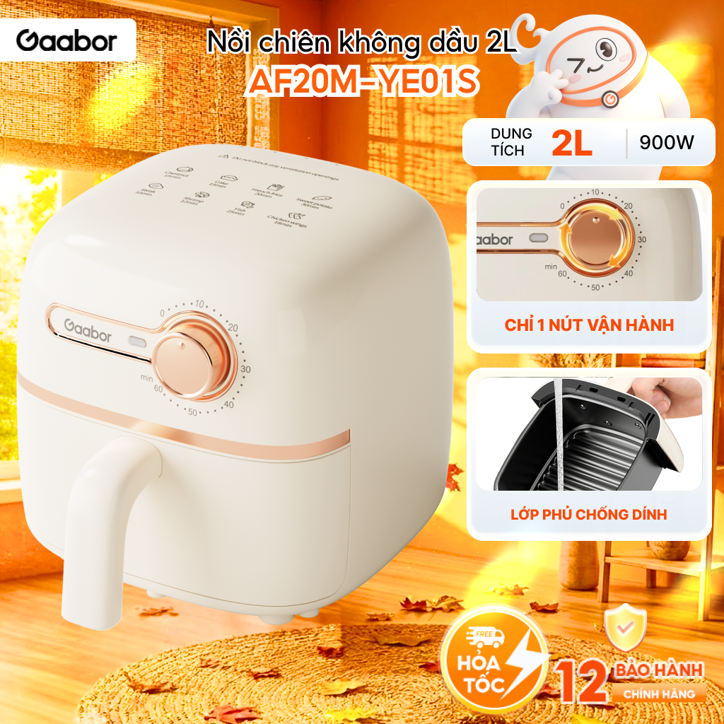 Nồi chiên không dầu 2L GAABOR AF20M-YE01S tự động ngắt điện khay chống dính làm nóng nhanh - Tiết kiệm điện - Bảo hành 12 tháng 1 đổi 1