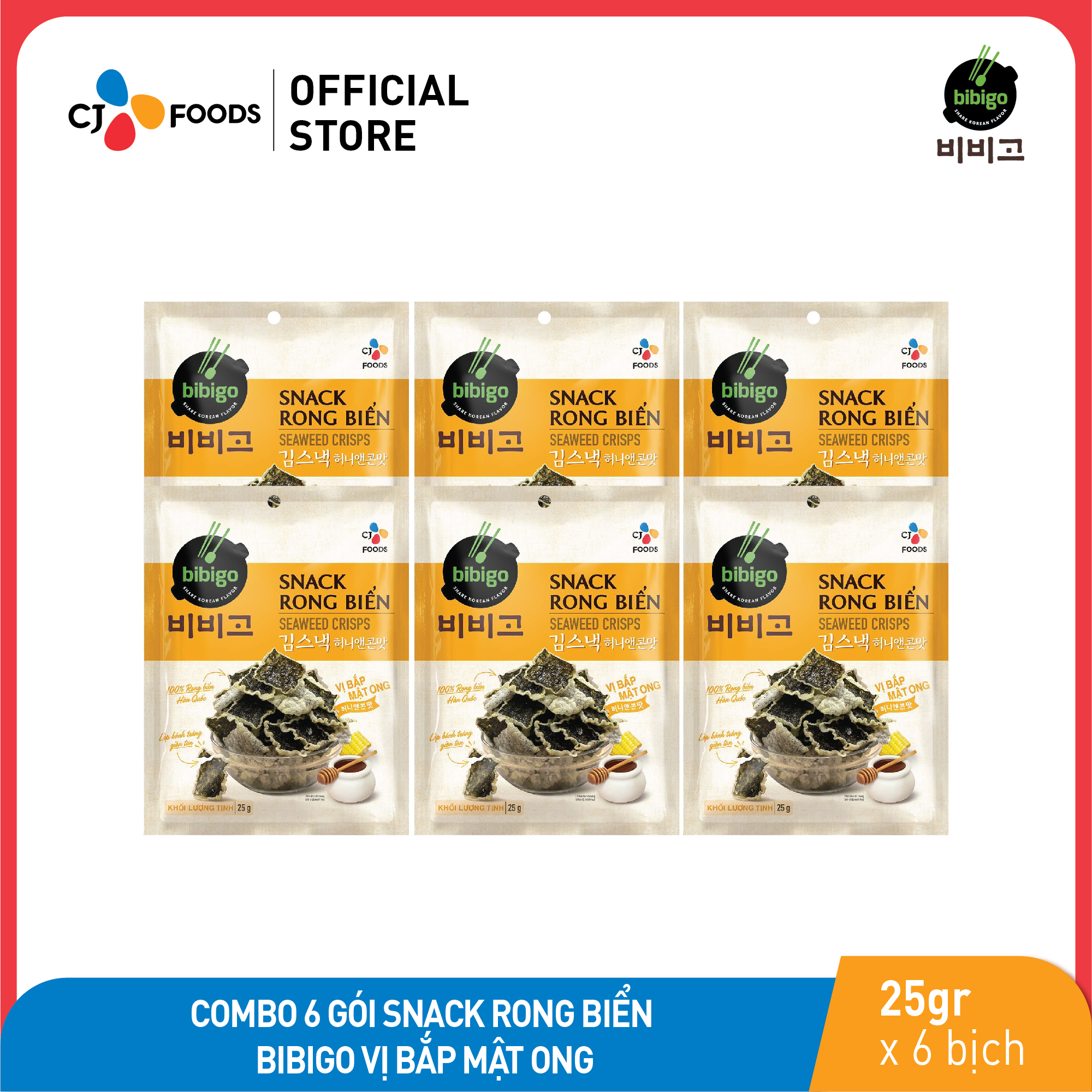Combo 6 gói Snack Rong biển Bibigo CJ Foods vị Bắp Mật Ong 25gr