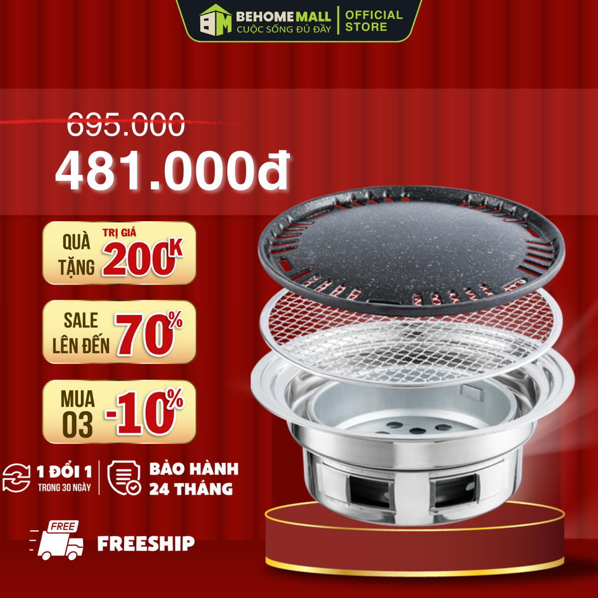 Bếp nướng than hoa không khói BehomeMall lẩu nướng không khói nhỏ gọn tiện dụng