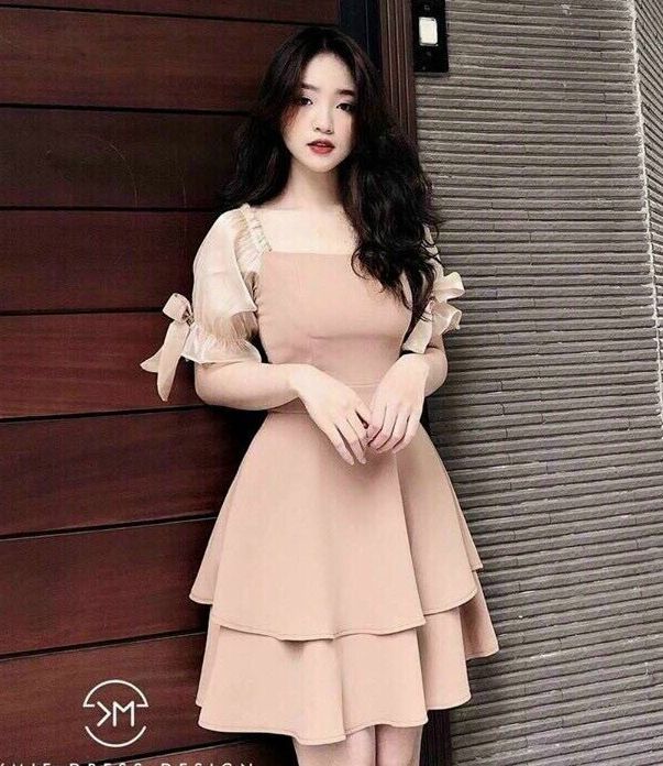 Đầm Váy Thời Trang Nữ Cổ Vuông 2 Tầng Phối Tay Voan Kết Nơ ( Có Mút Ngực ) No1-SG -Fashion
