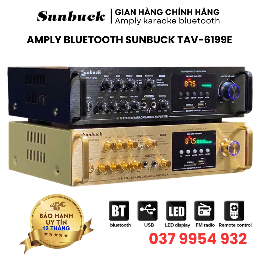 Âm ly karaoke bluetooth SUNBUCK TAV6199E Bảo hành 12 tháng Amply karaoke Sunbuck 6199 5 kênh nghe nhạc công suất lớn có điều khiển từ xa hỗ trợ phát nhạc qua bluetooth thẻ USB thẻ SD âm li karaoke gia đình có nghe đài FM