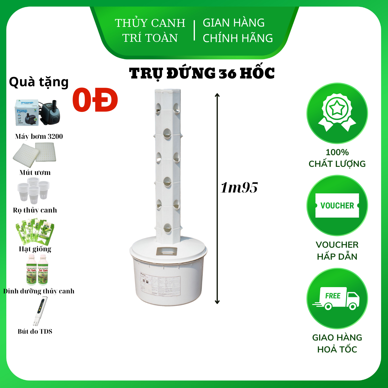 Trụ trồng rau, tháp trồng rau thủy canh trí toàn cao cấp 36 lỗ