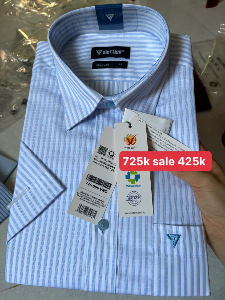 Áo sơ mi việt tiến ngắn tay giá mác 725k sale 425k
