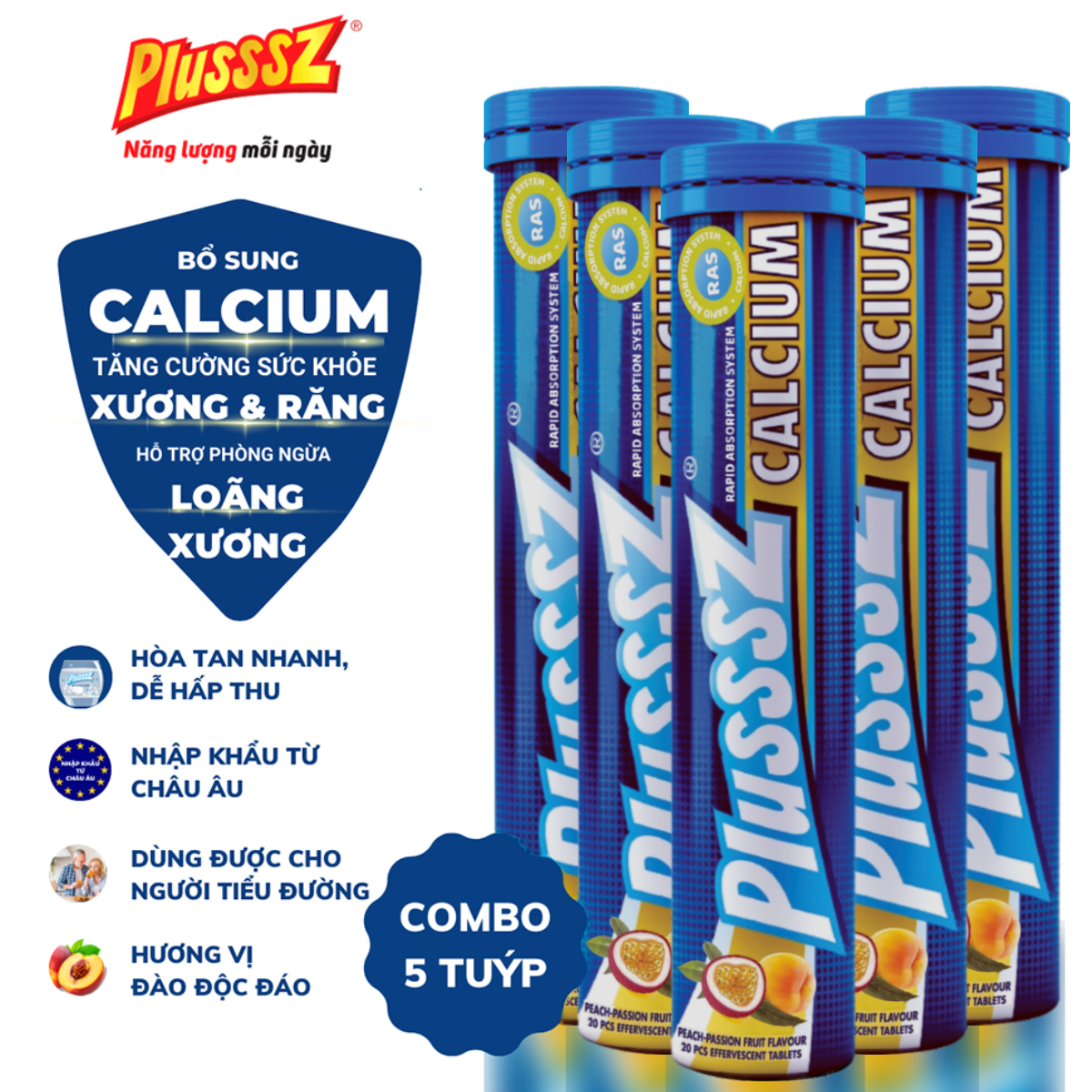 {COMBO5TUYP} Viên sủi PlLUSSSZ CALCIUM vị Đào, chanh leo bổ sung canxi hữu cơ tuýp 20 viên sủi