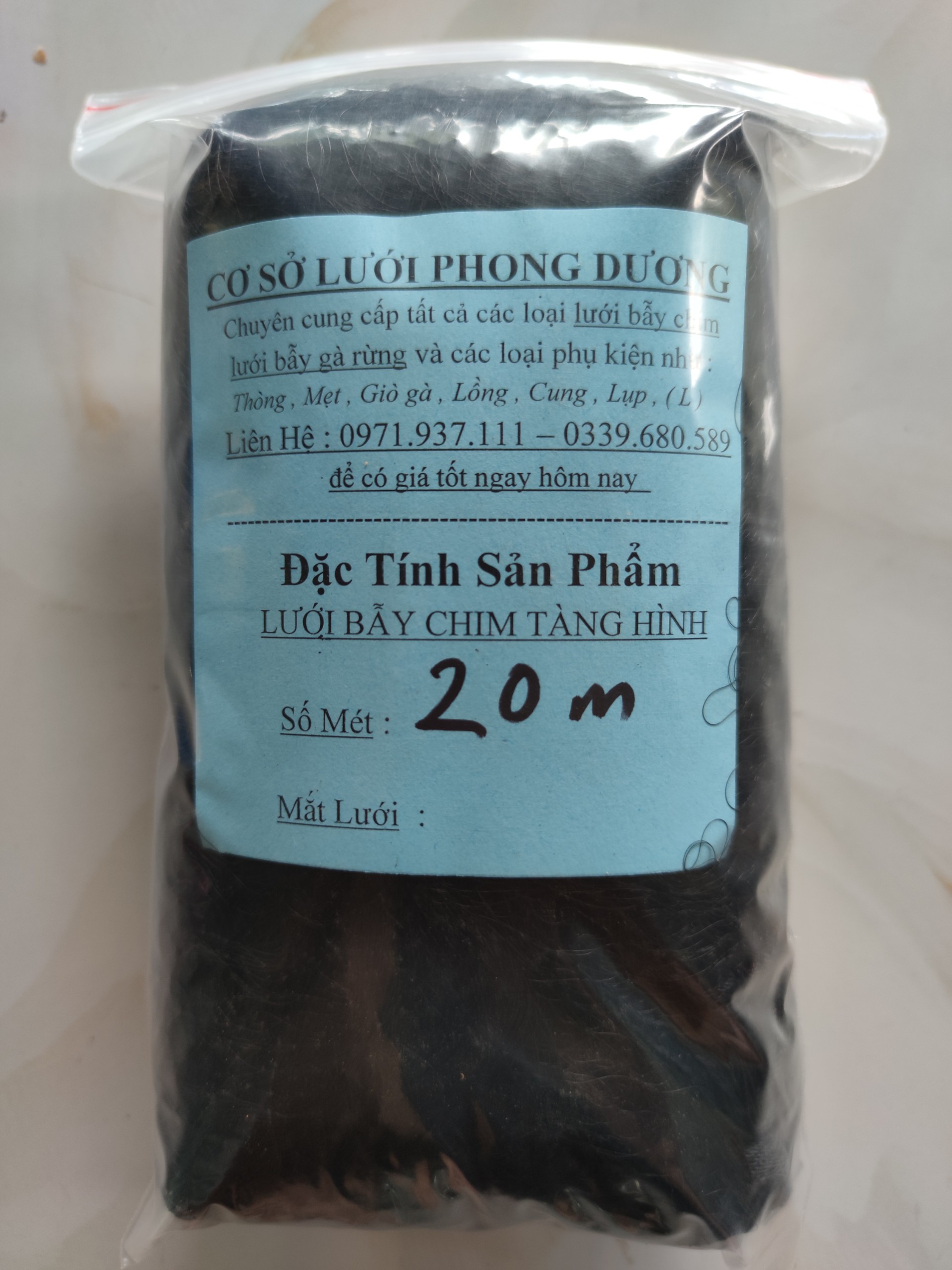 20 mét lưới bẫy chào mào ,trao trảo ,họa mi ,cu tổng hợp chim ngày ( lỗ 5 phân chiều cao 7m 5 dây 4 túi ) lưới cước thái màu đen tàng hình