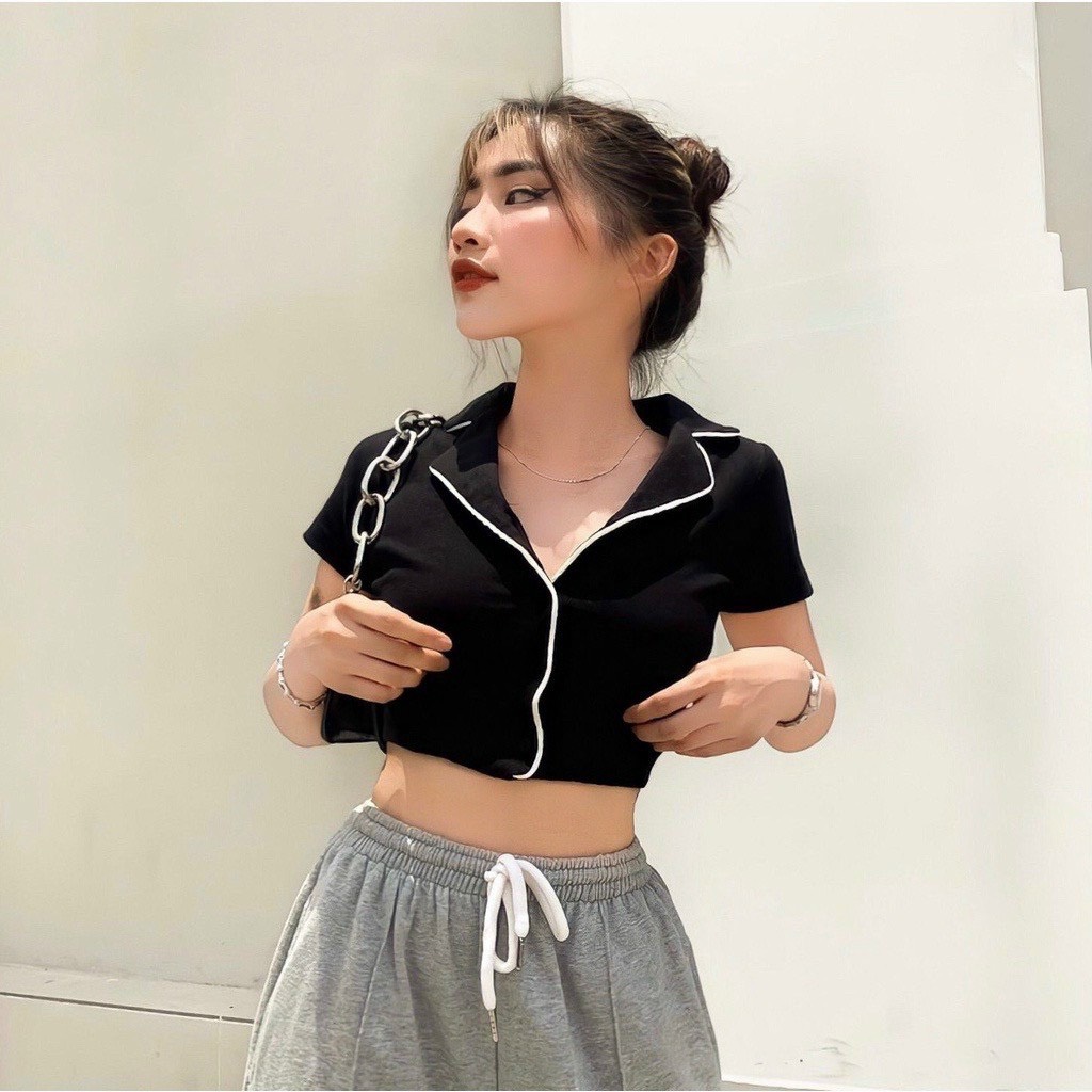 Áo Croptop Tay Ngắn Cổ Bẻ Cúc Cài Phối Viền Trắng Cá Tính Trẻ Trung A5283