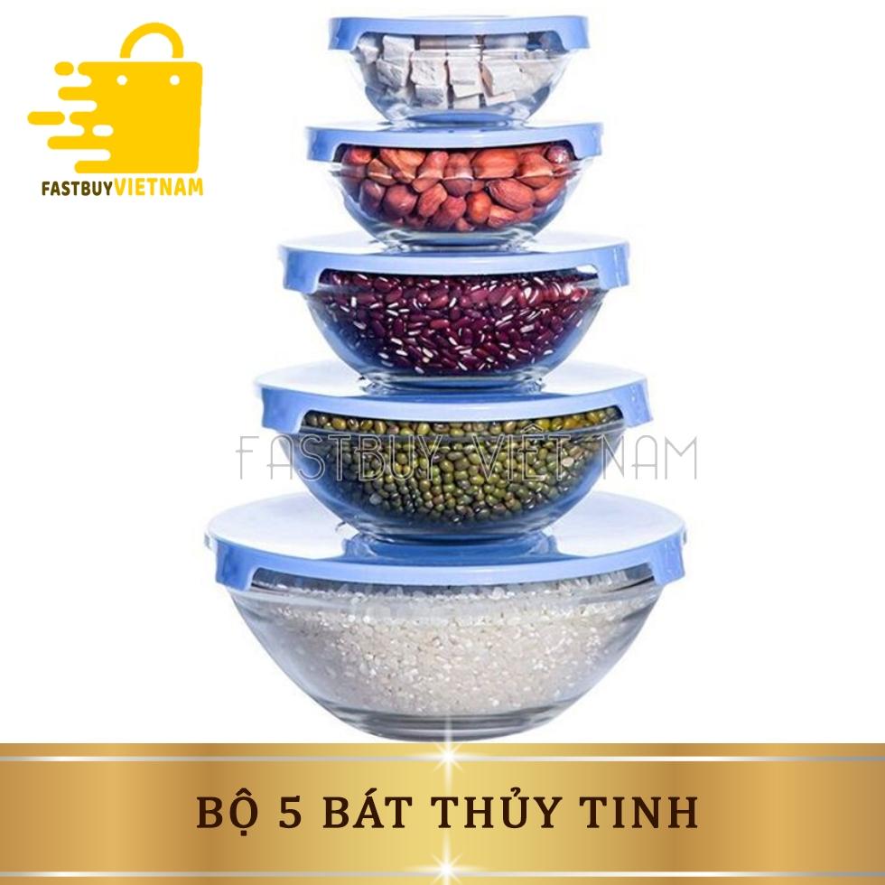 Bộ 5 Bát Thuỷ Tinh Có Nắp Đậy Để Tủ Lạnh - Hộp Bảo Quản Đẹp; Thích Hợp Làm Quà Tặng