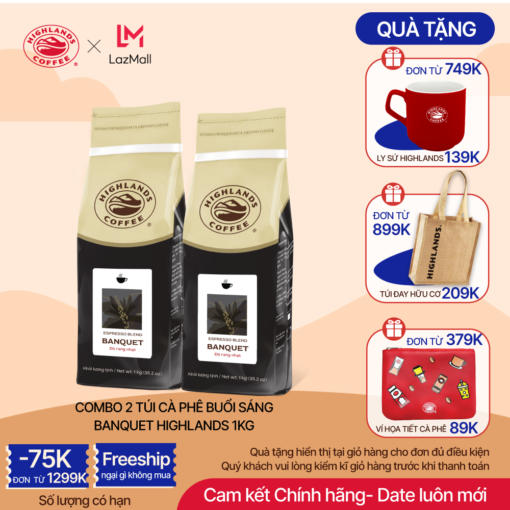 Combo 2 túi Cà phê rang xay buổi sáng Highlands Coffee 1Kg. Quà hiển thị tại giỏ hàng