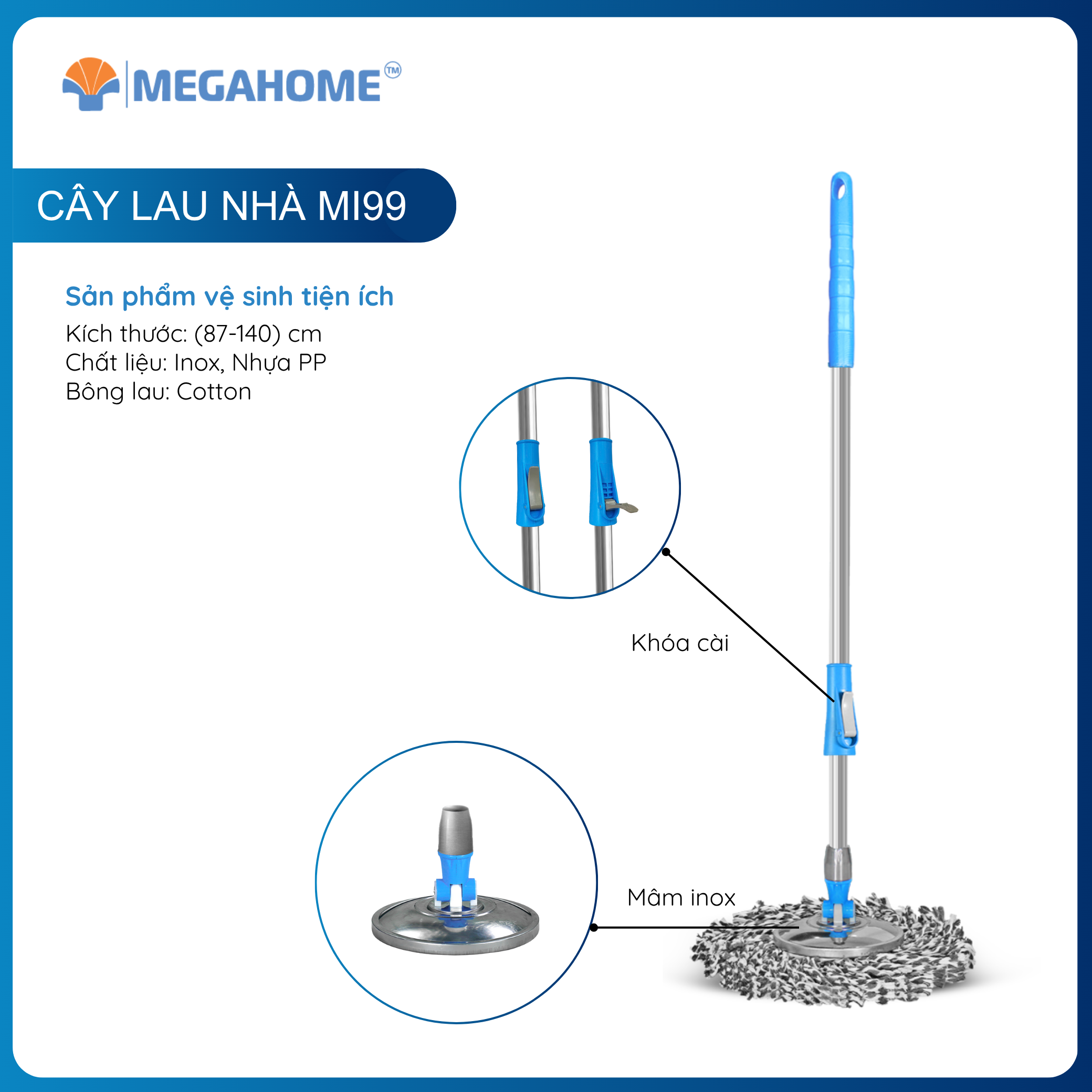 Cây Lau Nhà Megahome MI99 mâm inox sử dụng được cho tất cả các bộ lau nhà 360 độ