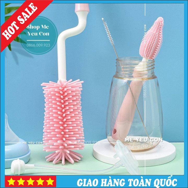 Bộ Cọ Rửa Bình Sữa Cho Bé Silicone Cao Cấp Tay Cầm Xoay 360 Độ, Cọ Núm Ti, Cọ Rửa Ống Hút