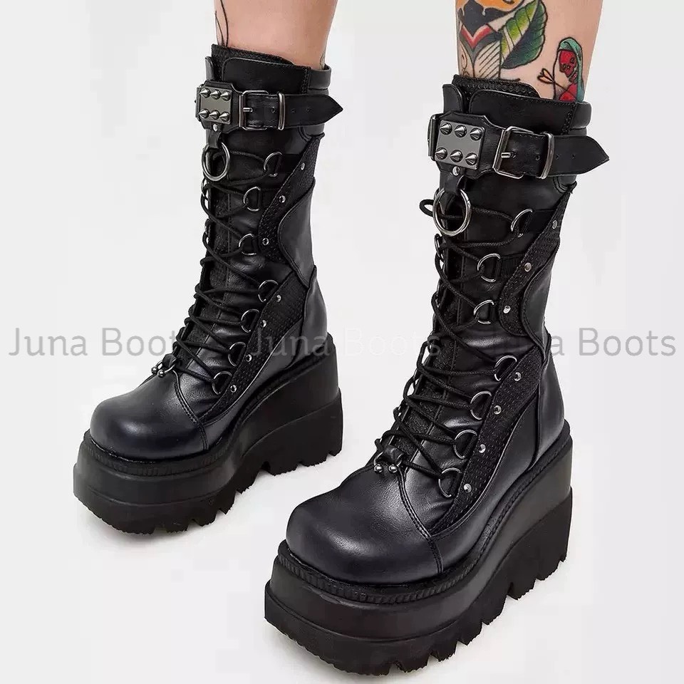 Giày bốt bánh mì phong cách Gothic y2k thời trang - Boots đế xuồng tán đinh phối lưới ngầu 