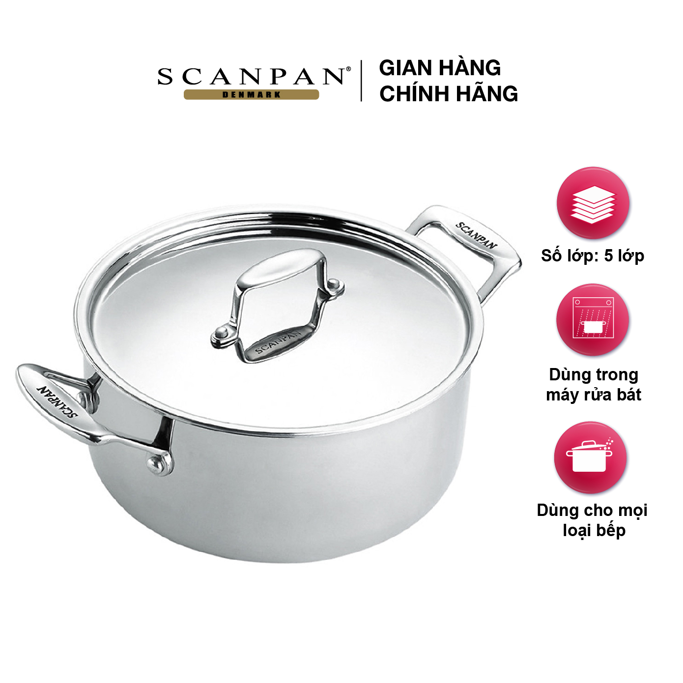 Nồi inox đáy từ Scanpan Fusion5 20cm 74252000 3,7L, nồi 5 lớp đúc liền thân đáy, dùng được trong máy rửa bát