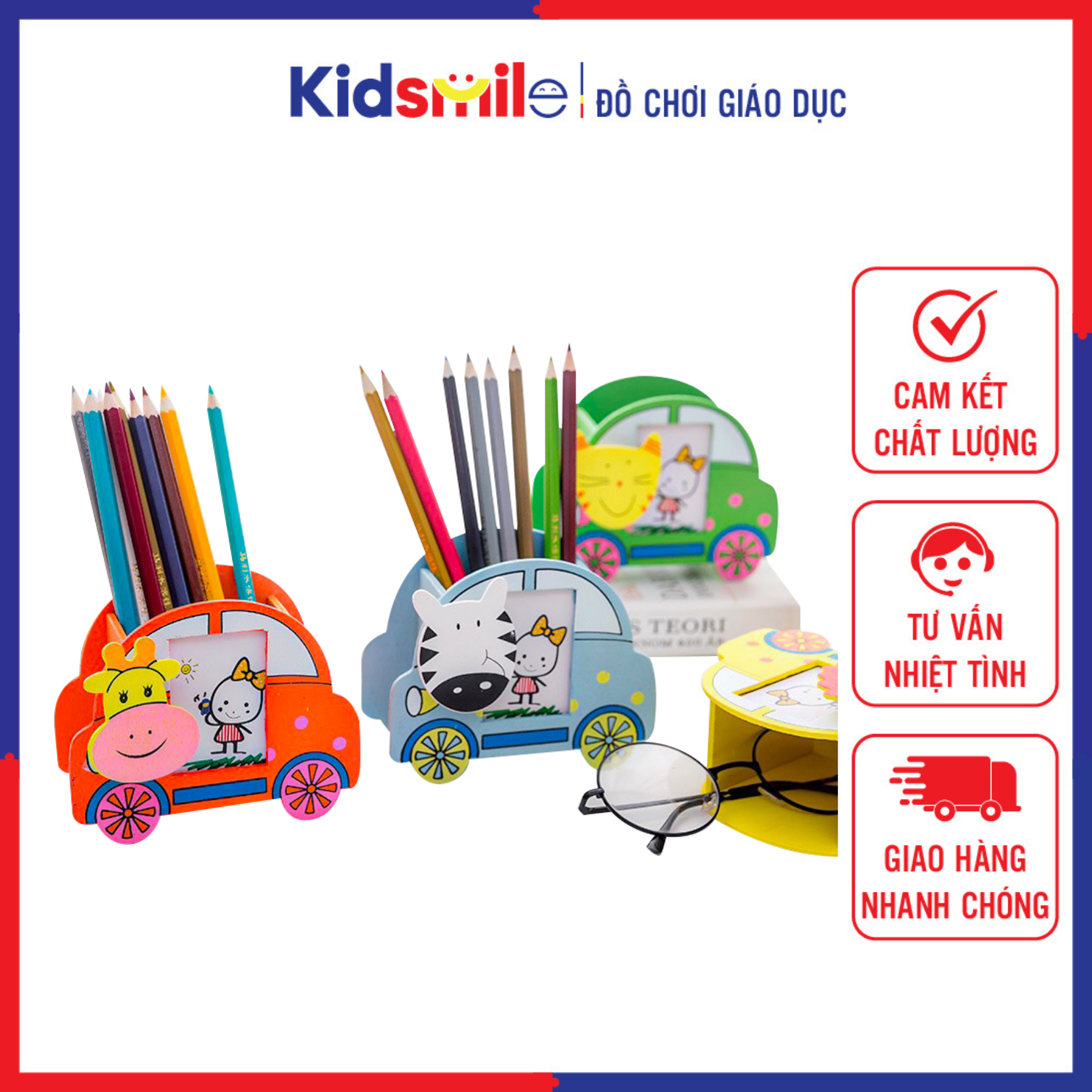 Hộp/ Ống cắm đựng bút hình ô tô gắn con vật ngộ nghĩnh dễ thương, đồ dùng và trang trí góc học tập cho trẻ em từ mầm non trở lên