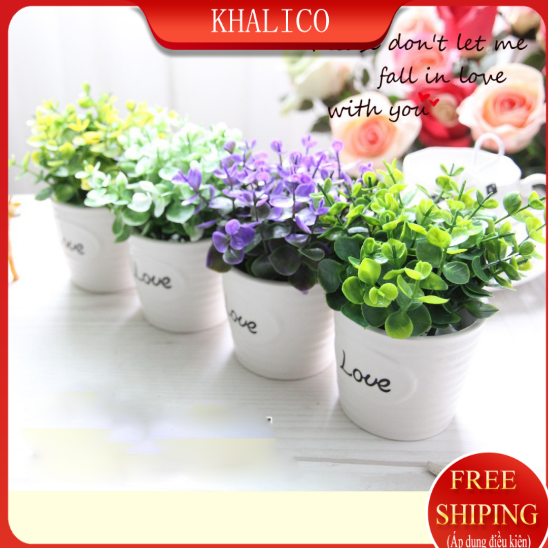 [FREESHIP] Hoa trang trí để bàn KHALIK, hoa bonsai giả chậu sứ chữ LOVE - H0129  (nhiều màu lựa chọn)