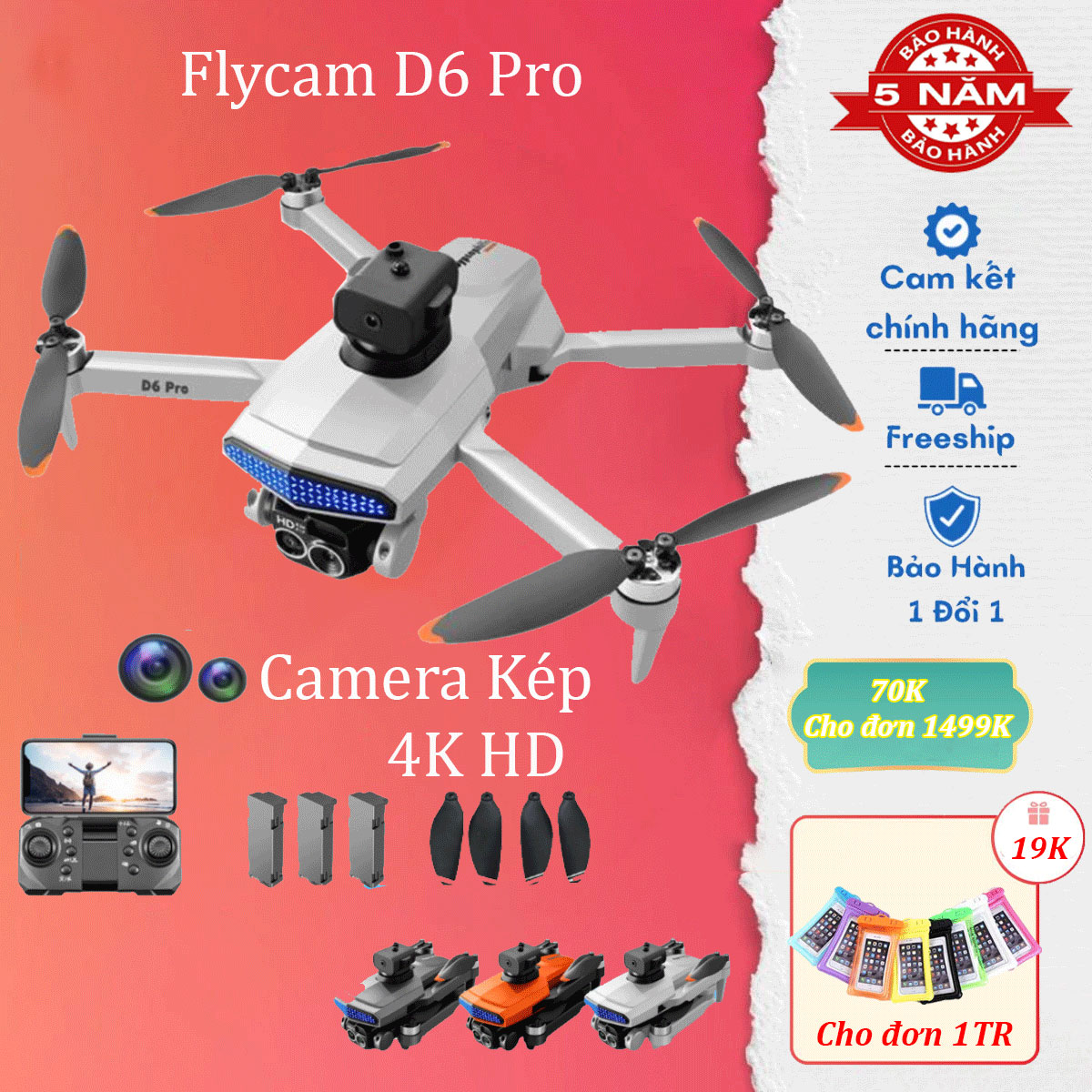 Flycam mini, máy bay flycam D6 Pro, drone với camera kép 4k HD, cảm biến chống va chạm, không chổi than bảo hành lên đến 5 năm