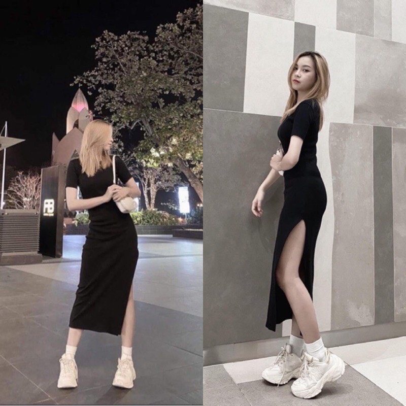 Váy đầm nữ maxi xẻ tà dáng dài ngắn tay ôm body , váy thun dài siêu tôn dáng Ulzzang tiểu thư