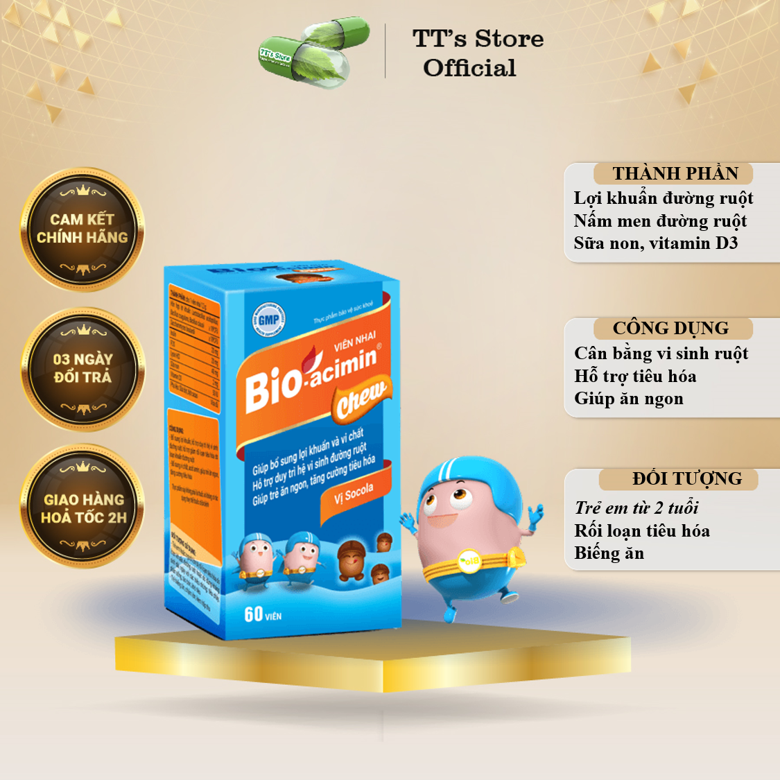 Viên nhai Bio-Acimin Chew vị chocolate - Men tiêu hóa men vi sinh - Bioacimin