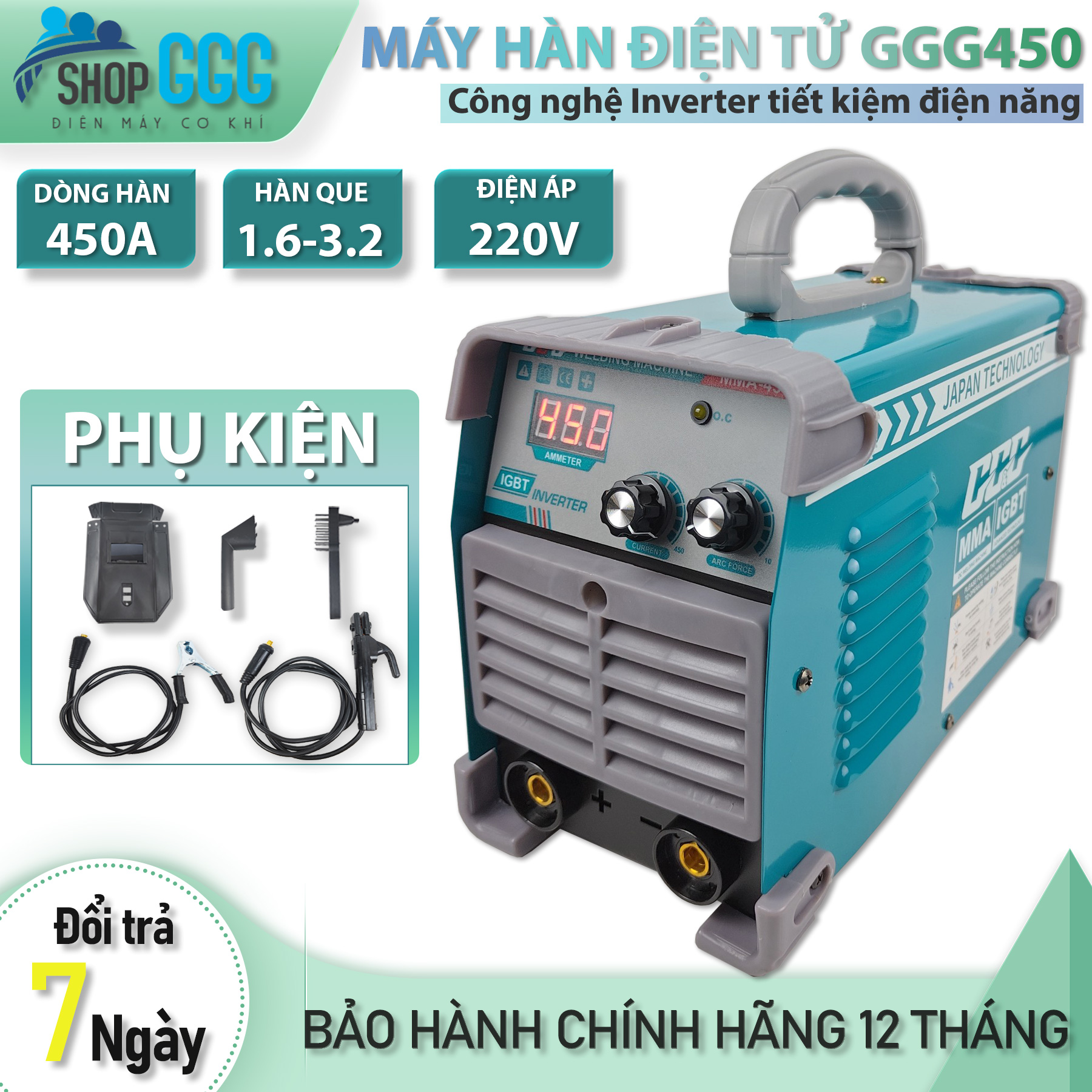 Máy hàn điện tử | Máy hàn que chính hãng MMA450 hàn kéo que 3ly2. Bộ đầy đủ phụ kiện dây hàn, dây mát, mo hàn| Bảo hành 1 năm | Máy hàn giá rẻ, máy hàn mini, máy hàn điện, máy hàng
