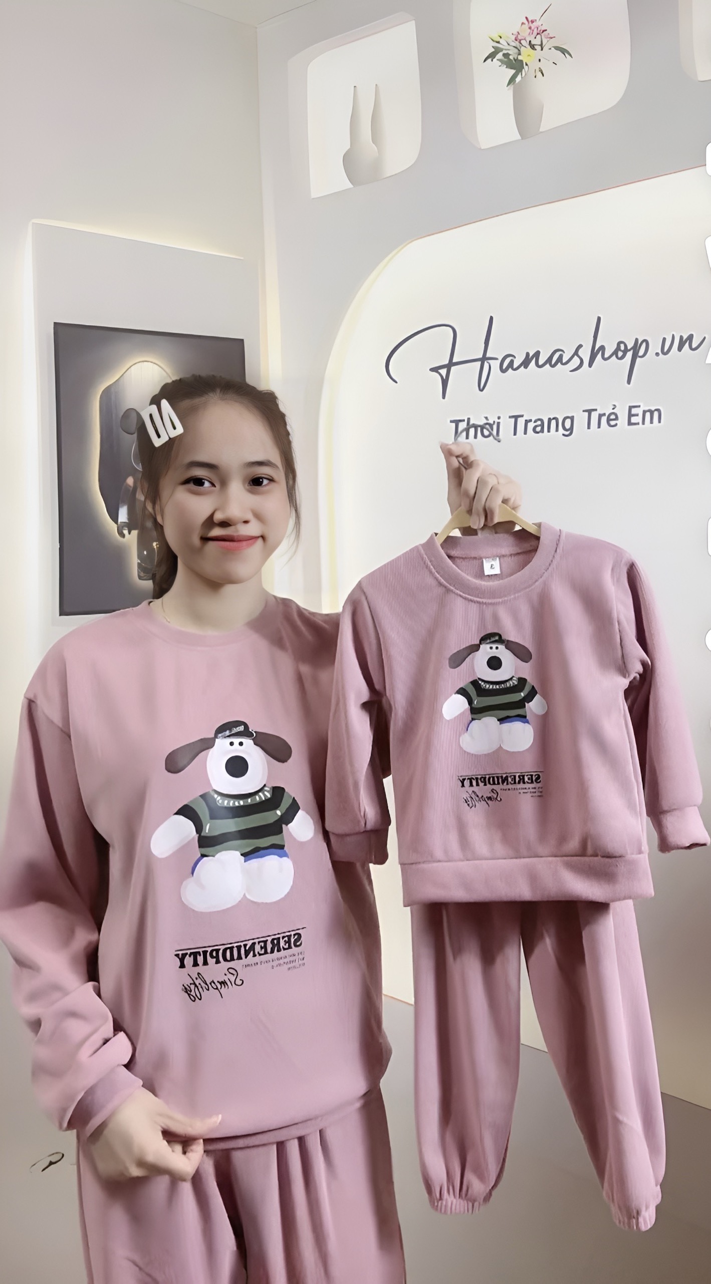 Bộ dài tay mẹ và bé chất liệu tăm nhung, đồ đôi mẹ và bé thu đông