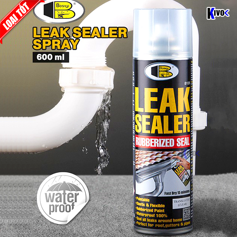 Bình Xịt Chống Thấm Dột Đa Năng Leak Sealer Bosny Thái Lan 600ml B125 / Sơn Chống Thấm Nước, Tường Nhà Tốt- Sơn Xịt Chống Thấm Dột Nội Thất Gạch, Bê Tông, Vữa, Gỗ, Khoáng Thạch Cao, Đá,...- Kivo