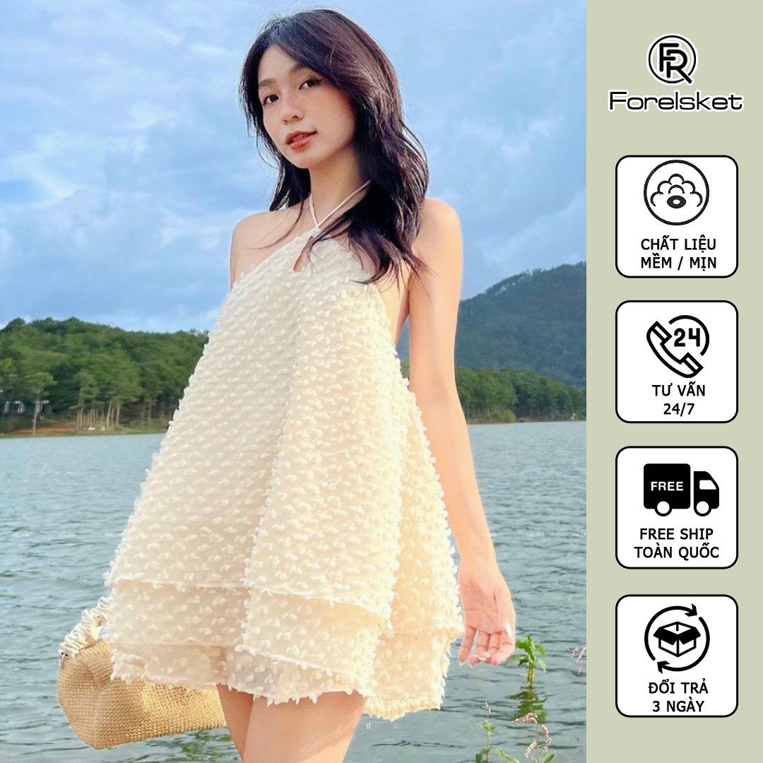 Set váy cổ yếm màu beige forel