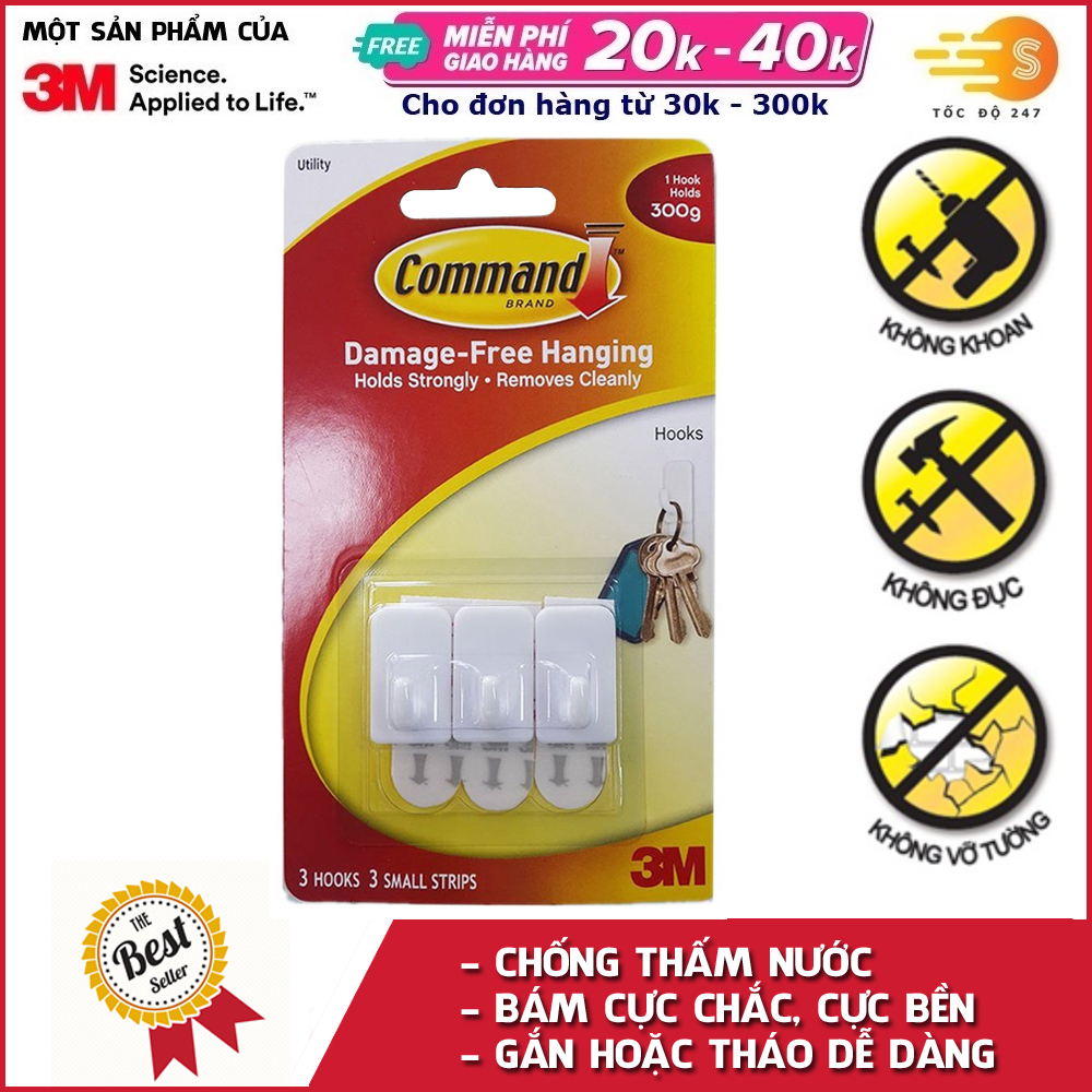Bộ 3 móc treo tường cường lực siêu dính 225g Command 3M 17502 - Tốc độ 247 chống thấm nước bám cực chắc cực bền