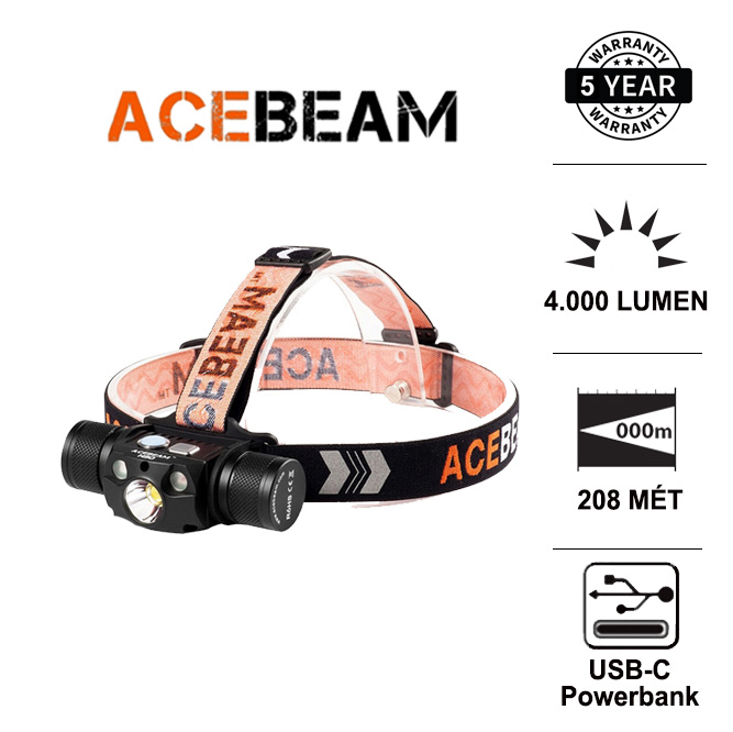 ACEBEAM H30 Red + Green - Đèn đeo đầu siêu sáng 4000lm, có thêm LED xanh và đỏ, sử dụng 1 pin 21700 (đi kèm) cổng sạc usb c sạc dự phòng