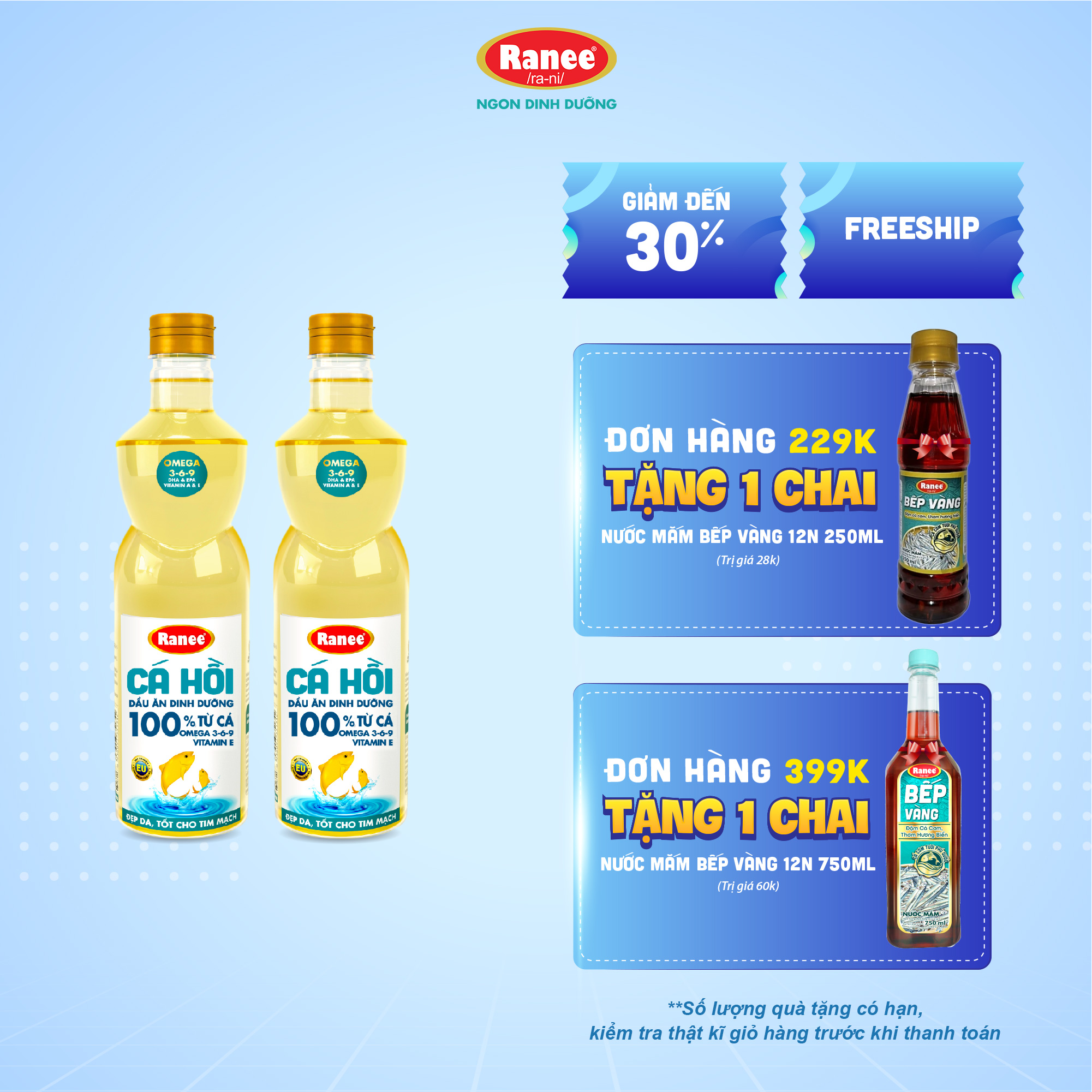 Combo 2 chai dầu ăn Ranee Cá Hồi 950ml - 1lit (950ml/chai hoặc 1 lít x 2 chai)