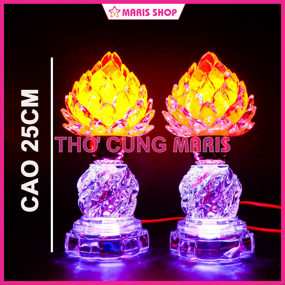 Bộ 2 đèn pha lê hình quả đào tiên để bàn thờ phật đèn hoa sen đèn thờ cúng cao 25cm
