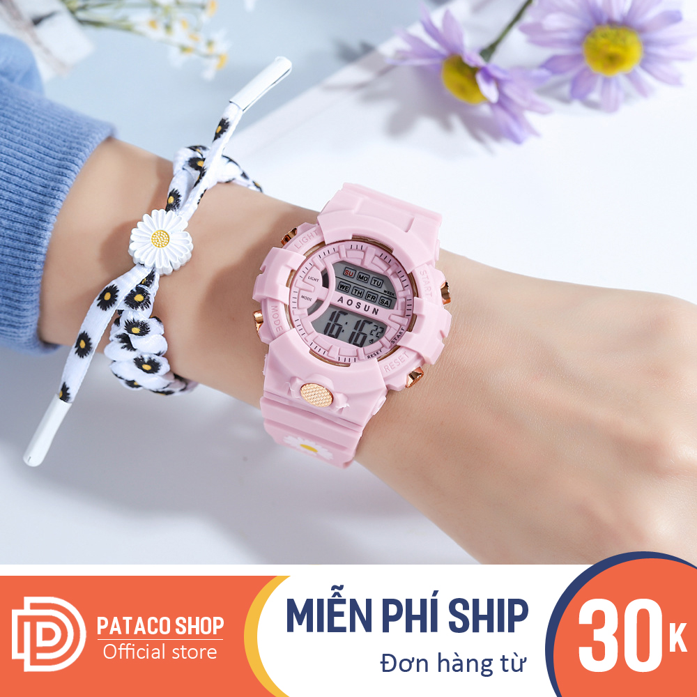 Đồng hồ thể thao nam nữ dây hoa cúc Sport S159 mặt tròn máy điện tử dây nhựa có chống nước có đèn Led vào ban đêm bảo hành 6 tháng