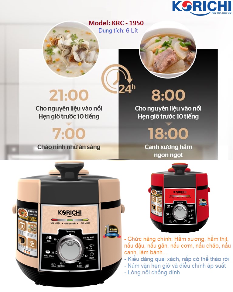 Nồi áp suất điện đa năng korichi krc1950-6l- nấu cơm-nấu cháo- hầm xương-