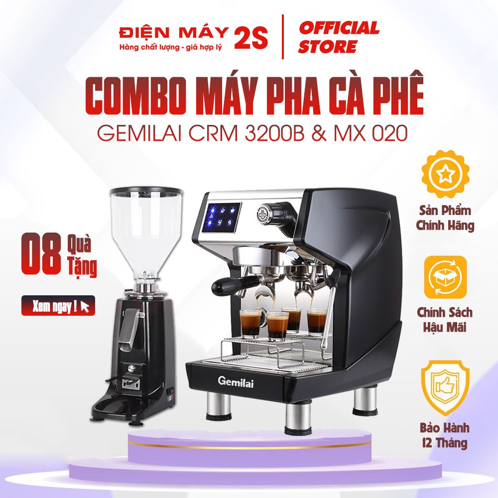 COMBO máy pha cafe Gemilai 3200B và máy xay 020 chuyên dùng bán cà phê mang đi công suất 130-150 ly mỗi ngày