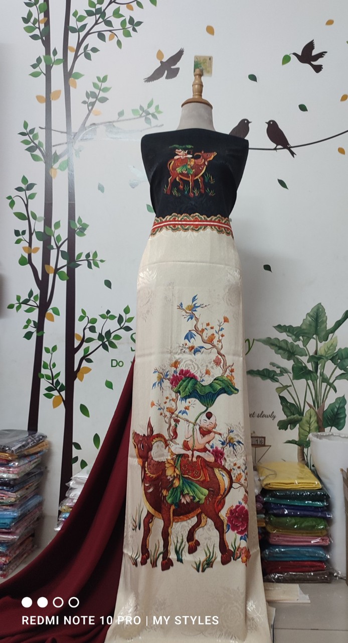 Vải áo dài cao cấp, hoa tiết tranh dân gian Đông Hồ - lụa vân gỗ hoa hồng, sang đẹp