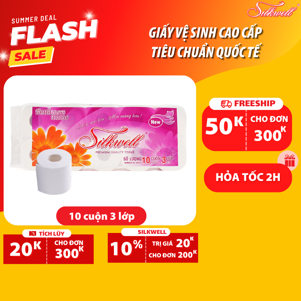 Giấy vệ sinh Silkwell Tím 10 cuộn 3 lớp có lõi cao cấp, giấy vệ sinh siêu mềm mịn không tẩy trắng hàng chính hãng