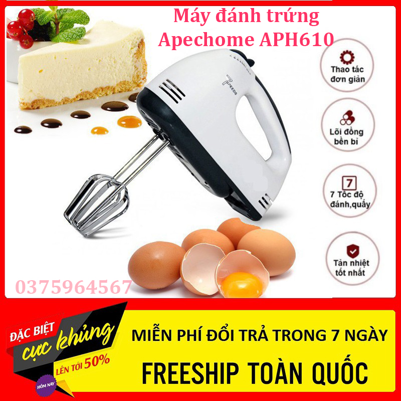 Máy đánh trứng Apechome APH-610 Máy đánh trứng cầm tay 7 tốc độ Apechome APH-610 Công suất 100W đa chức năng đánh trứng, trộn bột làm bánh... Máy đánh trứng mini Chất liệu que đánh - trộn bằng Inox không