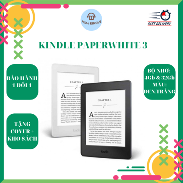 Máy đọc sách kindle paperwhite 3 , có 4 đèn nền, màn hình 6 inch, độ phân giải 300ppi, bộ nhớ 4gb & 32gb