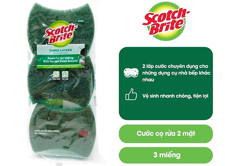Miếng rửa chén Scotch Brite 3M 3 lớp, gói 3 miếng