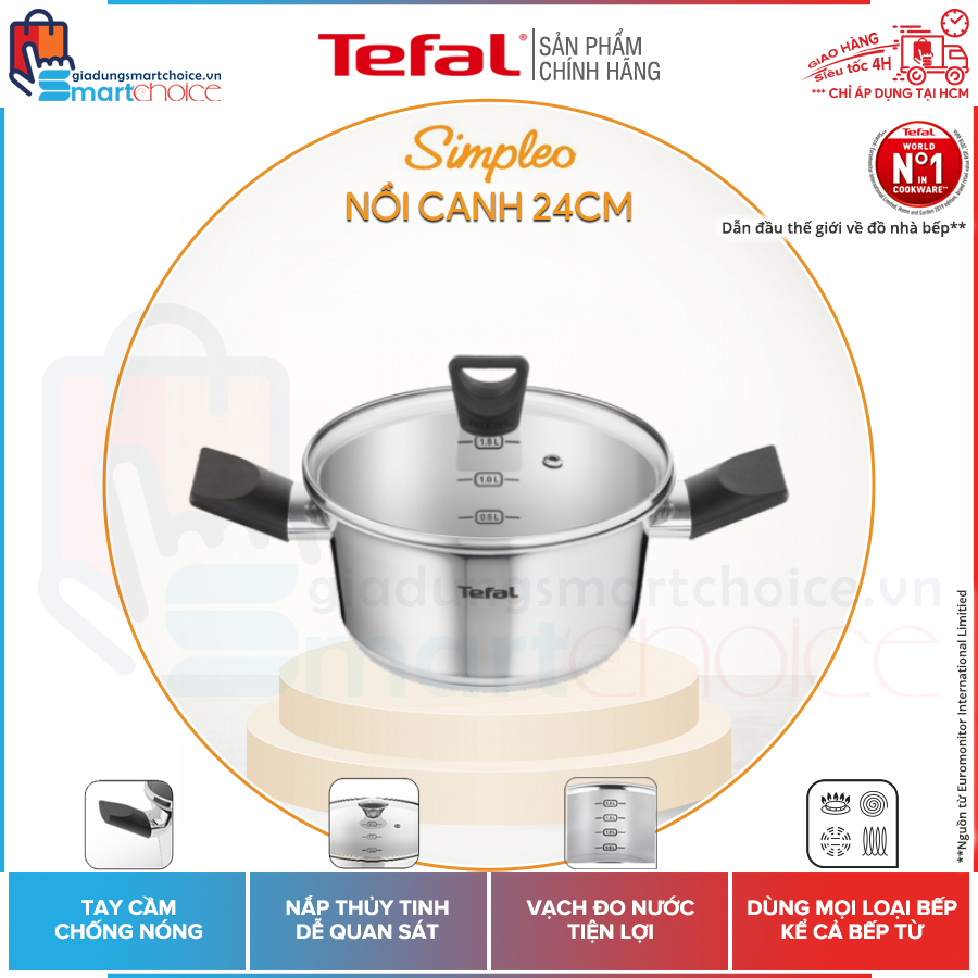 Freeship max flash sale nồi inox tefal simpleo b9054695 24cm, inox sus304 nhiều lớp, dùng mọi loại bếp kể cả bếp từ giadungsmartchoice giao hỏa tốc