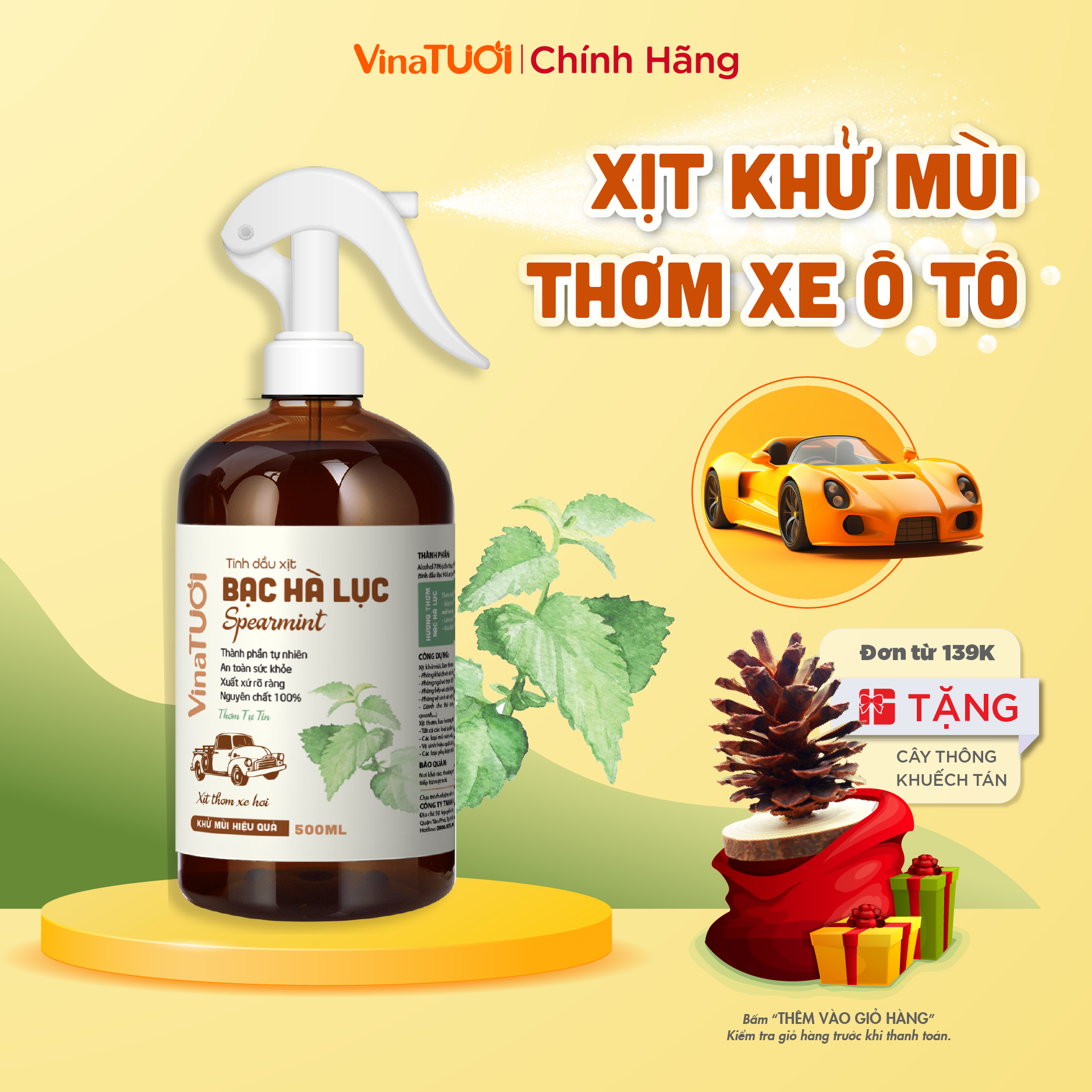 Chai Tinh Dầu Xịt Khử Mùi Xe Hơi Thơm Xe Ô Tô VINA TƯƠI 100ml-500ml Chống Say Xe Vệ Sinh Nội Thất