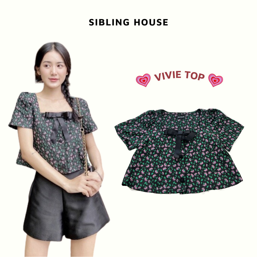 Áo kiểu form ngắn tay phồng cổ chữ H có nơ trước ngực nút bọc chất vải gấm hoa Vivie Top - Sibling House