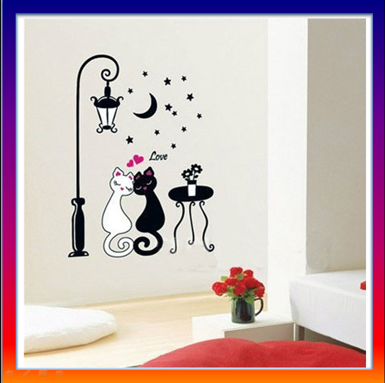 Sticker Decal dán tường hình cặp mèo & đèn phố