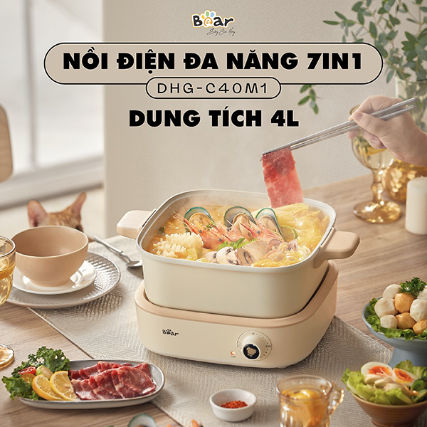 Nồi lẩu điện đa năng bear dhg - c40m1dung tích 4 l, nồi lẩu điện đa năng bear, bếp lẩu điện bear, bếp lẩu đa năng bear, nồi lẩu đa năng bear, nồi lẩu đa năng chiên, xào, hầm, nướng, lẩu ,hàng chính hãng bh 18 tháng