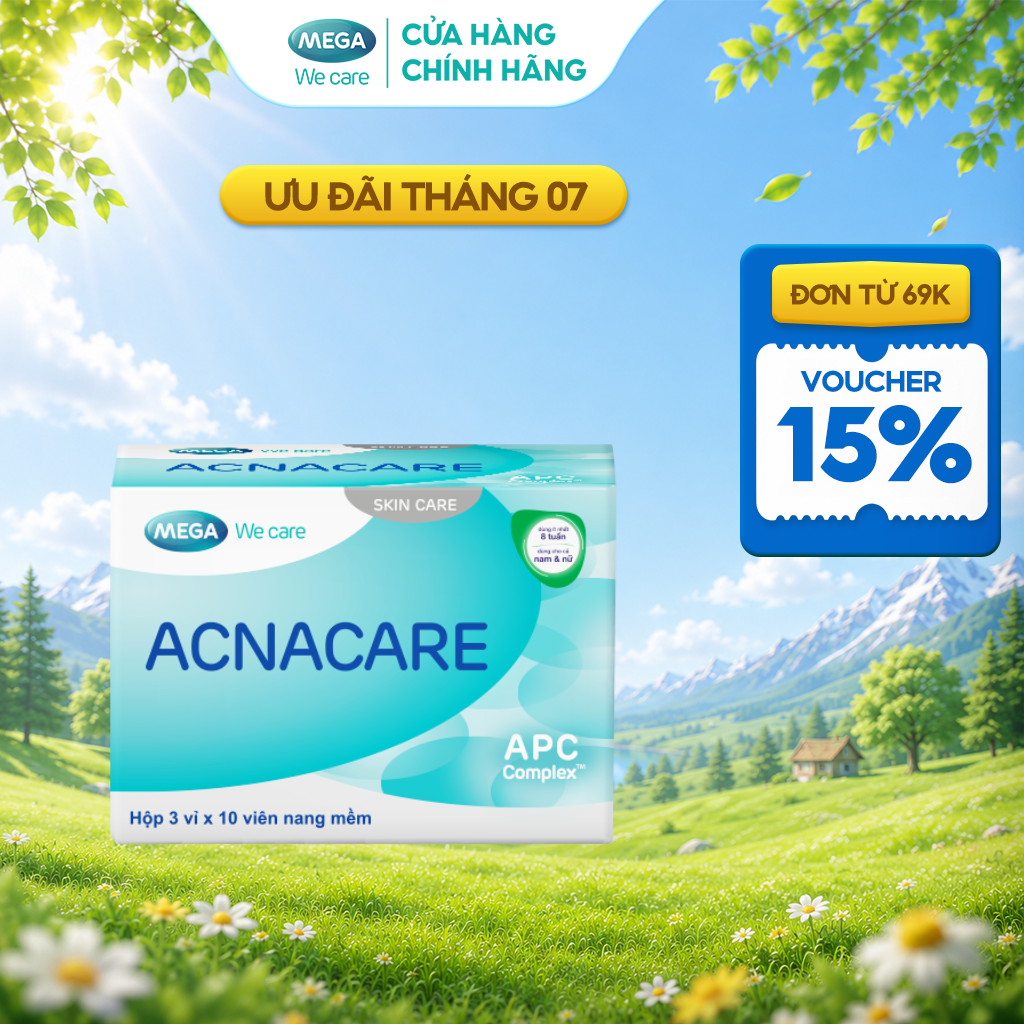 TPBVSK Viên uống giảm mụn, giảm nhờn - Kẽm, Crôm, D.Salina, Vitamin C, Vitamin E - ACNACARE Mega We Care (30 viên)